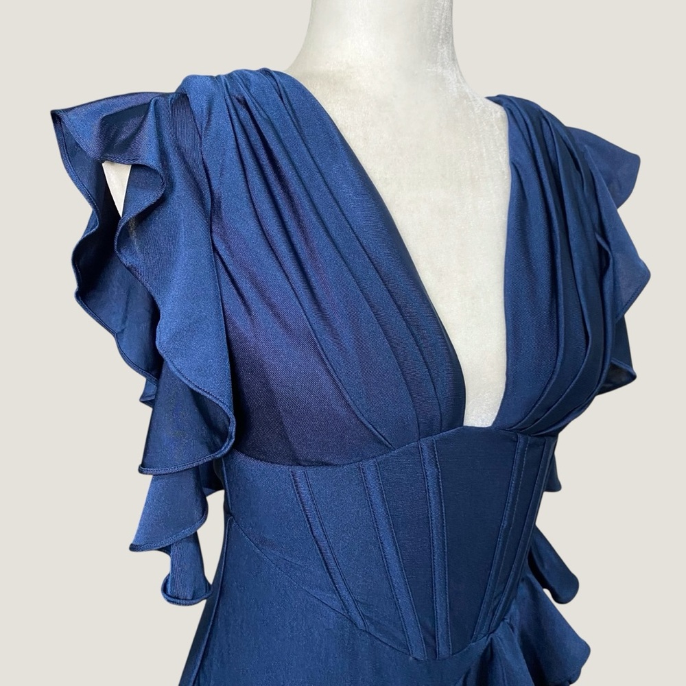 Navy Ruffle Corset Maxi Stretch Gown Dress Formal Slit Lace Up Back V Neck Sz XS - Picture 6 of 14